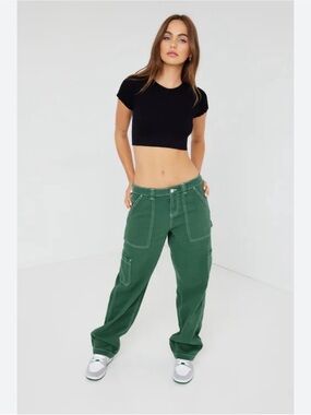 Garage Green Wide-Leg Cargo Pants with Contrast Stitch